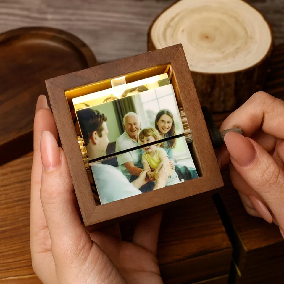 Personalized 8 Photos Flipbook Album with Light  Custom Walnut or Beach Wood Hand Cranked Photo Box