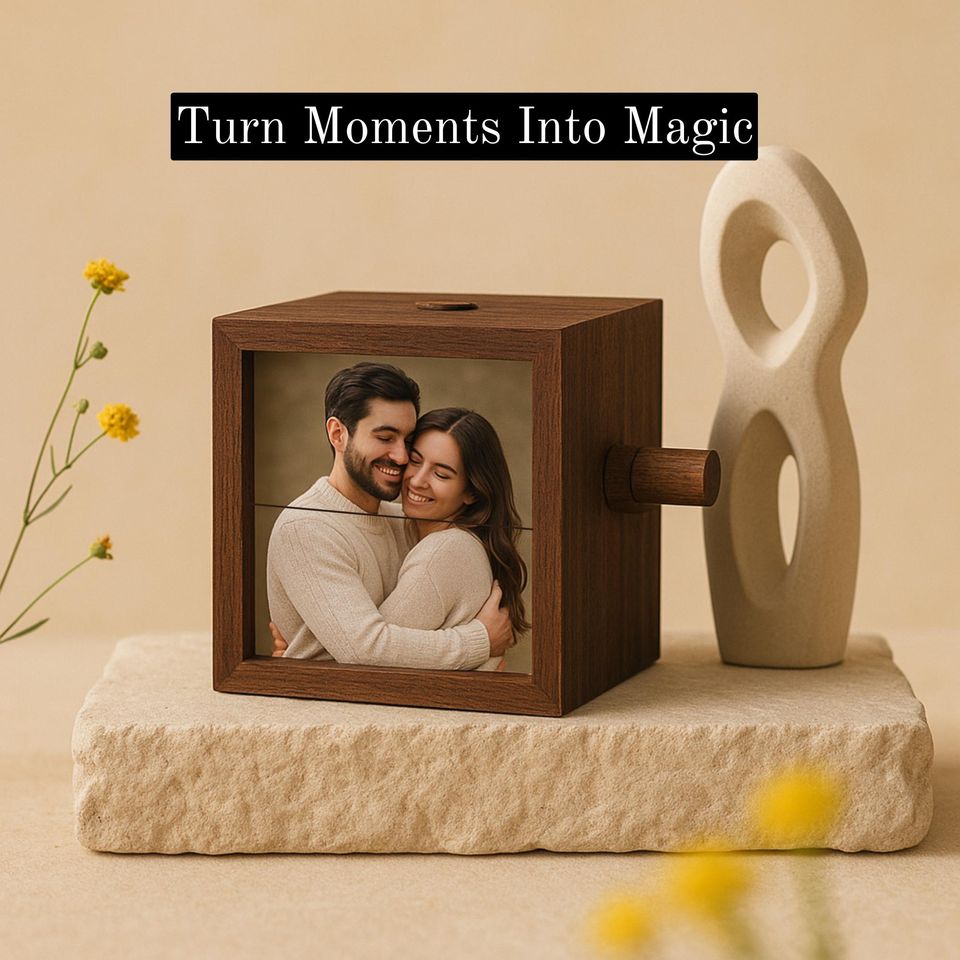 Personalized 8 Photos Flipbook Album with Light  Custom Walnut or Beach Wood Hand Cranked Photo Box