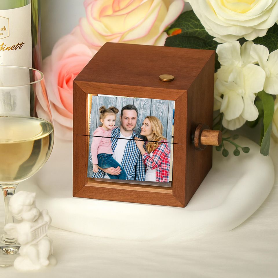 Personalized 8 Photos Flipbook Album with Light  Custom Walnut or Beach Wood Hand Cranked Photo Box