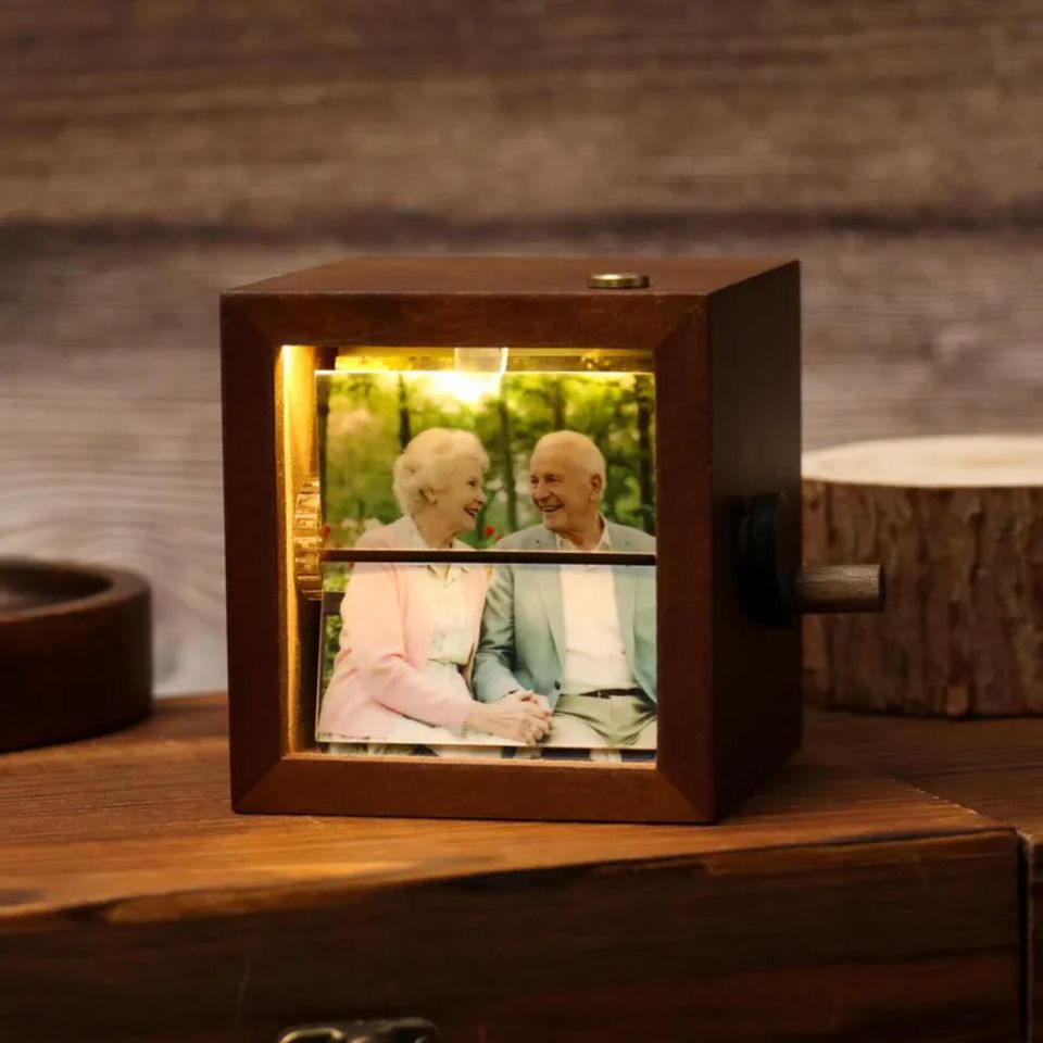 Personalized 8 Photos Flipbook Album with Light  Custom Walnut or Beach Wood Hand Cranked Photo Box
