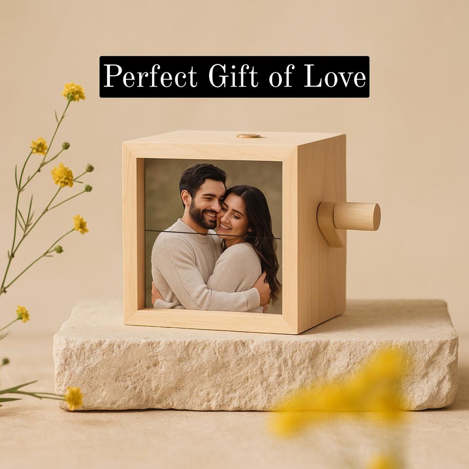 Personalized 8 Photos Flipbook Album with Light  Custom Walnut or Beach Wood Hand Cranked Photo Box