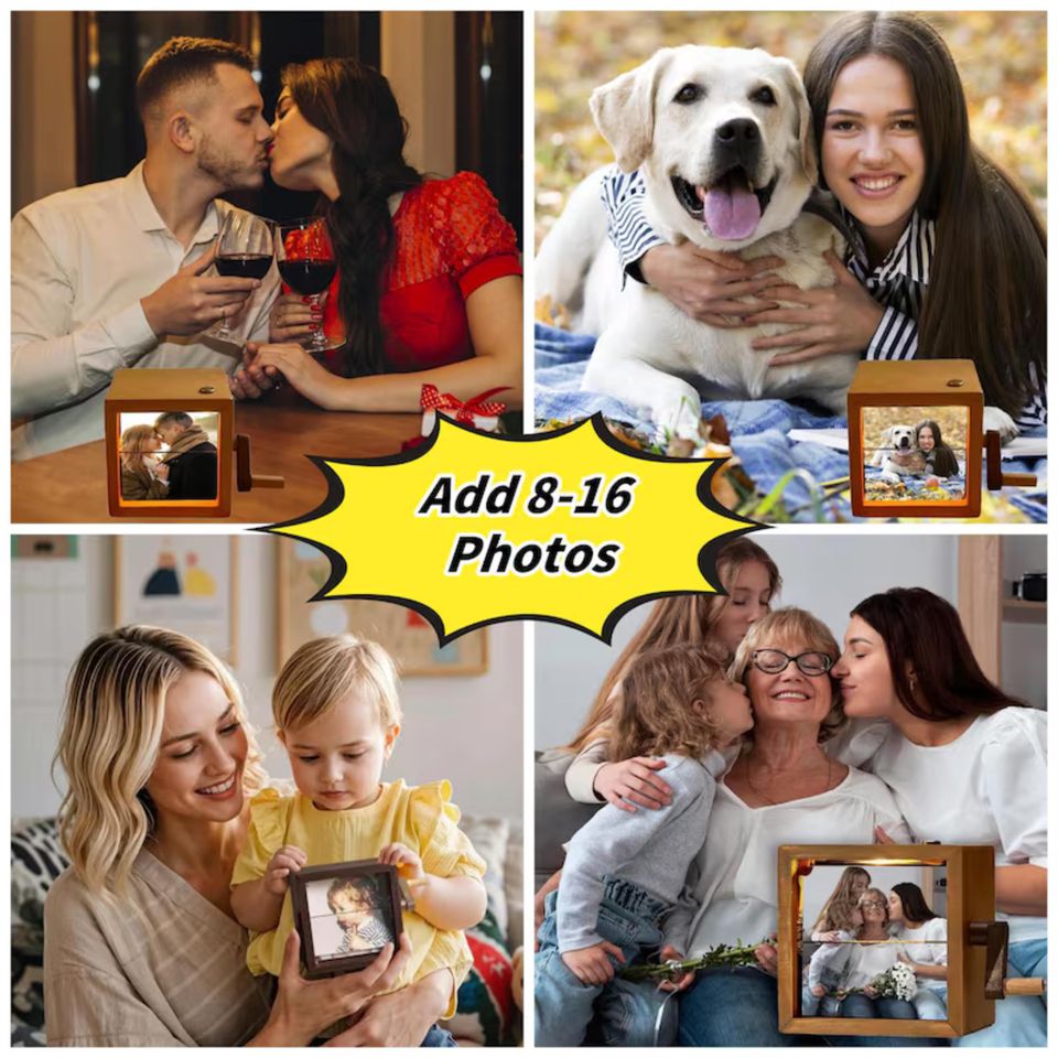 Personalized 8 Photos Flipbook Album with Light  Custom Walnut or Beach Wood Hand Cranked Photo Box