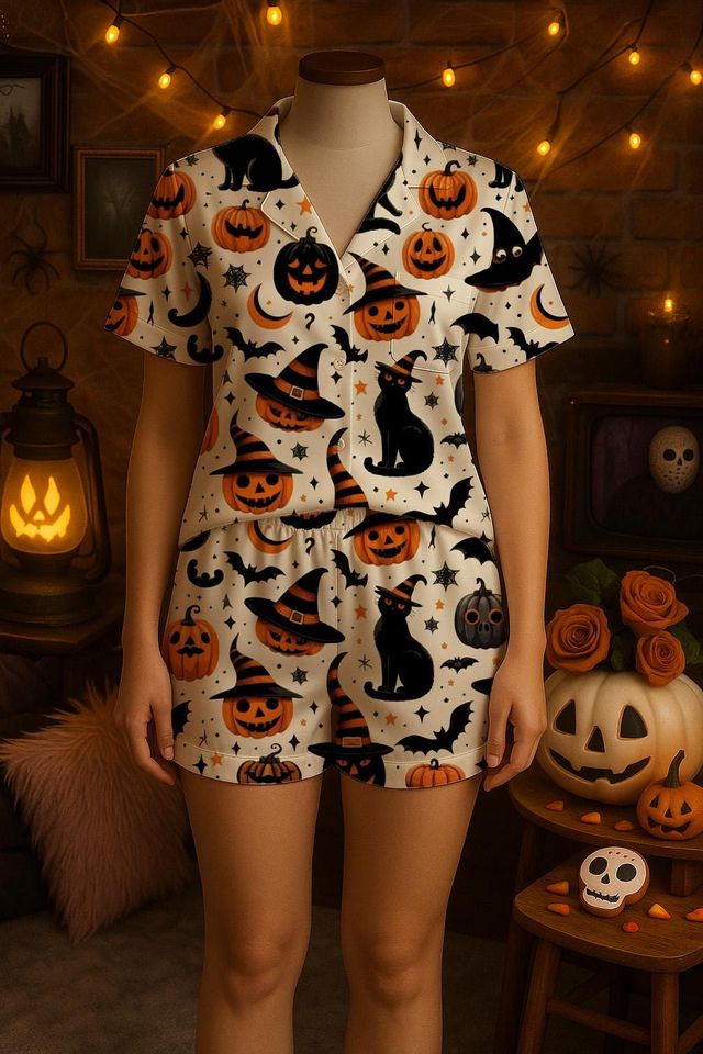 Halloween Pajama Set, Cute Ghost Pumpkin Bat Spider Web Sleepwear