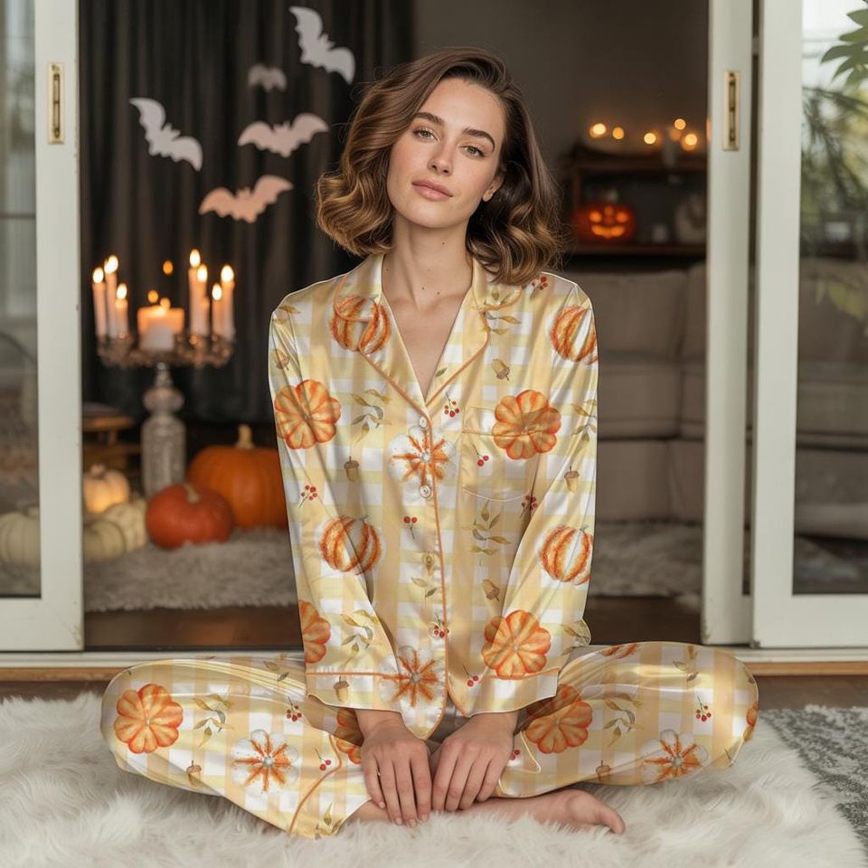 Cute Pumpkin Pajama Set  Cozy Fall Sleepwear with Gingham Pattern
