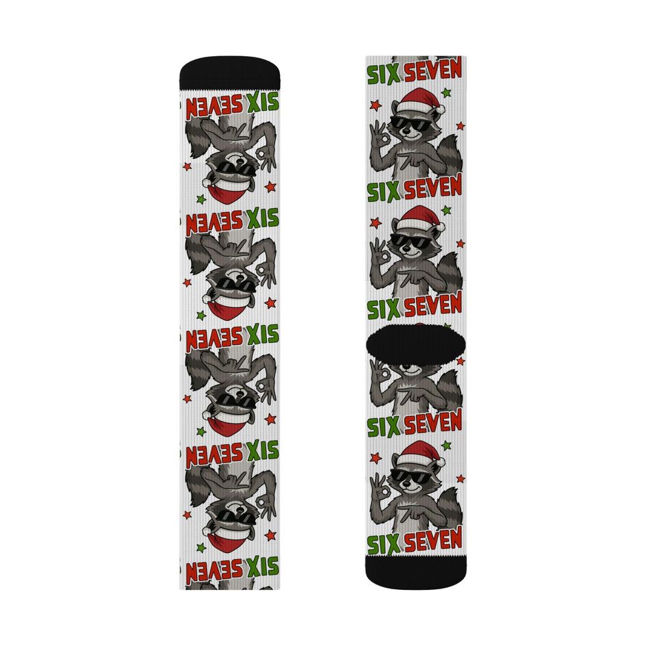 Santa Raccoon 6 7 Pattern Socks | Christmas Sublimation Crew Socks, Trendy kid gift