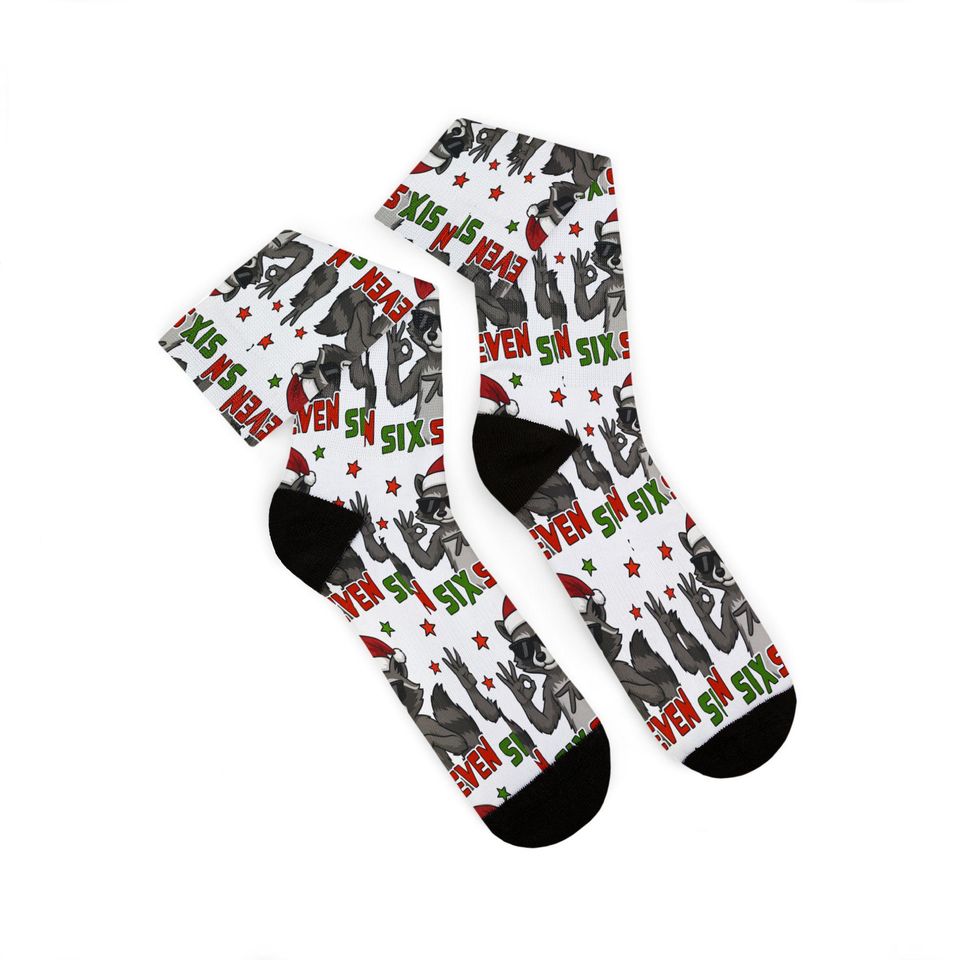 Santa Raccoon 6 7 Pattern Socks | Christmas Sublimation Crew Socks, Trendy kid gift
