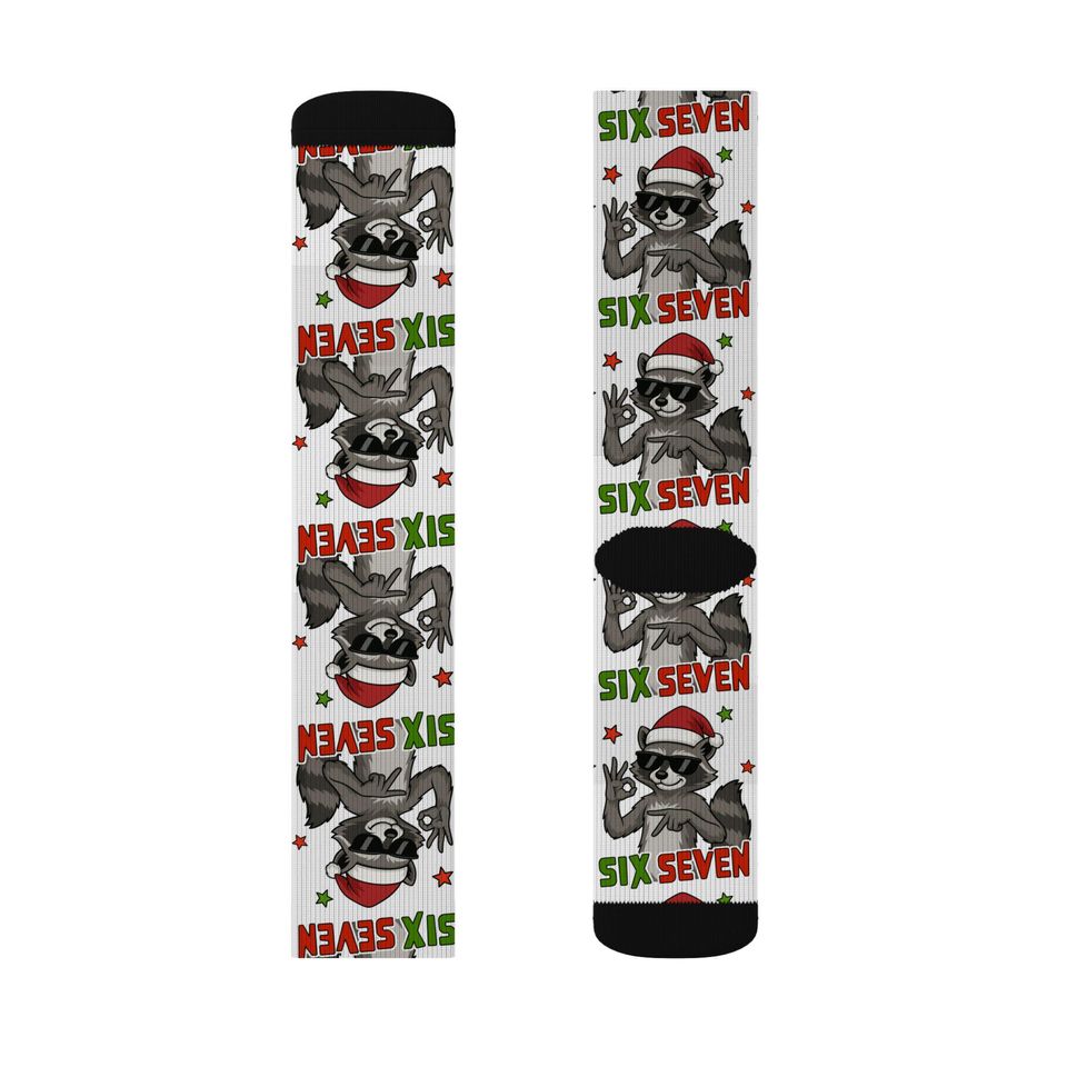 Santa Raccoon 6 7 Pattern Socks | Christmas Sublimation Crew Socks, Trendy kid gift