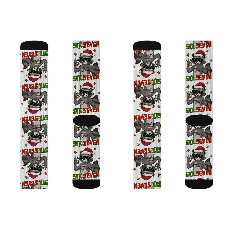 Santa Raccoon 6 7 Pattern Socks | Christmas Sublimation Crew Socks, Trendy kid gift