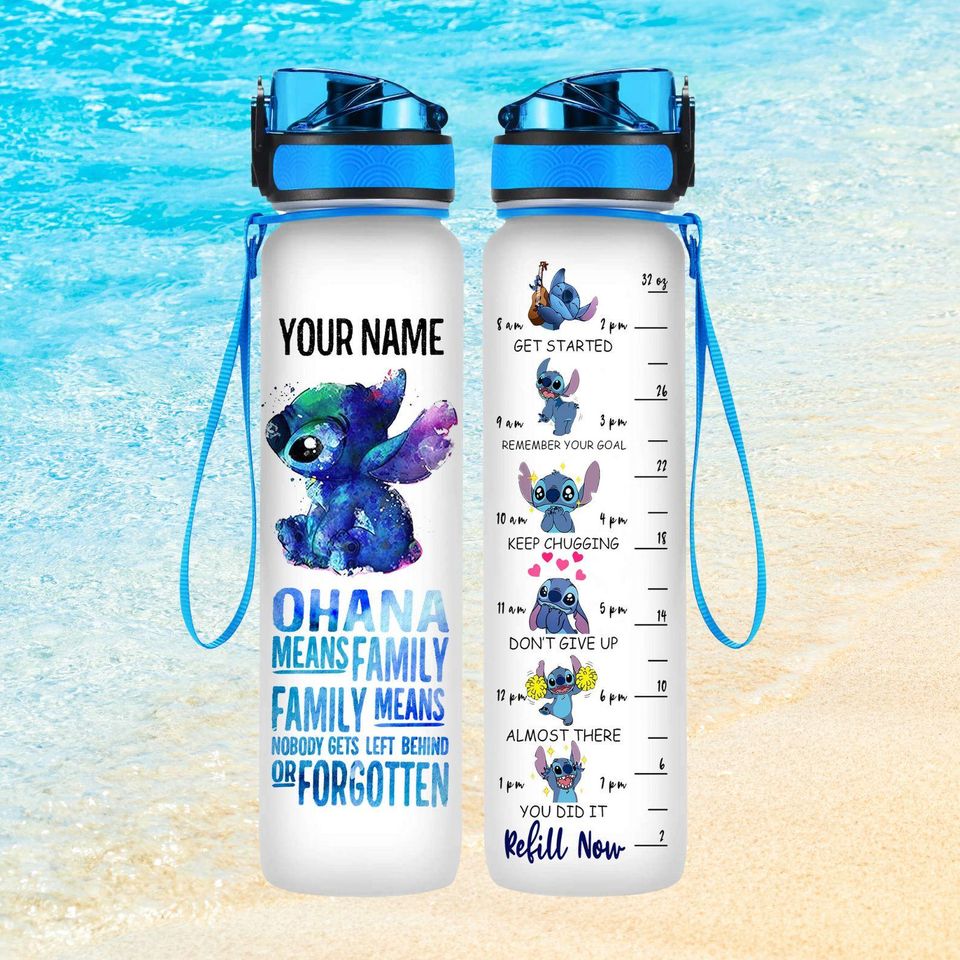 Personalized Stitch  Water Track Bottle, Ohana Means Family Water Bottle With Time Marker, Stitch Water Bottles