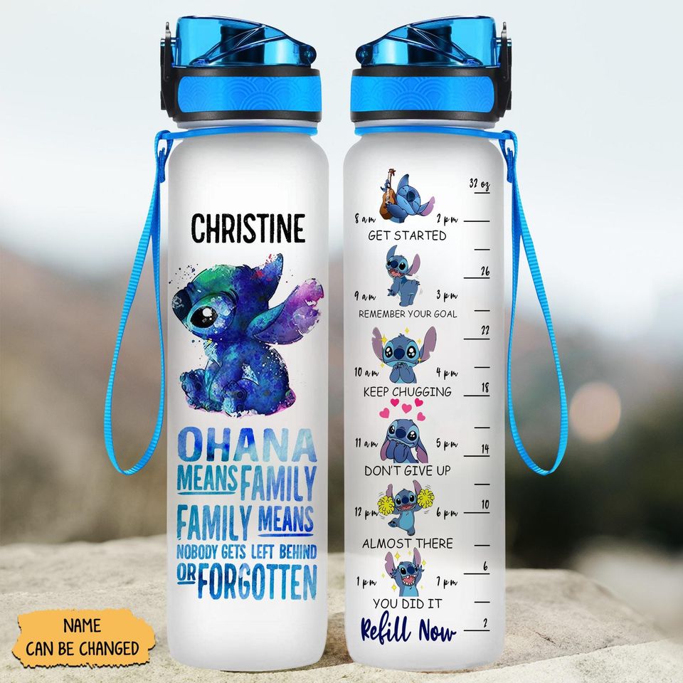 Personalized Stitch  Water Track Bottle, Ohana Means Family Water Bottle With Time Marker, Stitch Water Bottles
