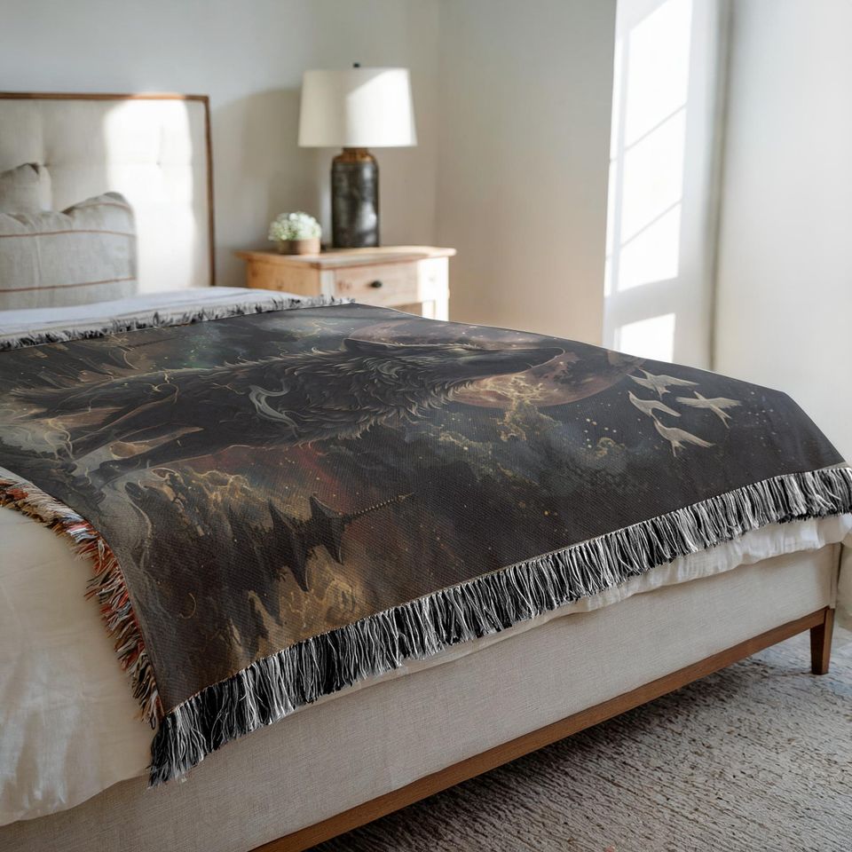 Wolf Woven Blanket: Native American Inspired Boho Home Decor