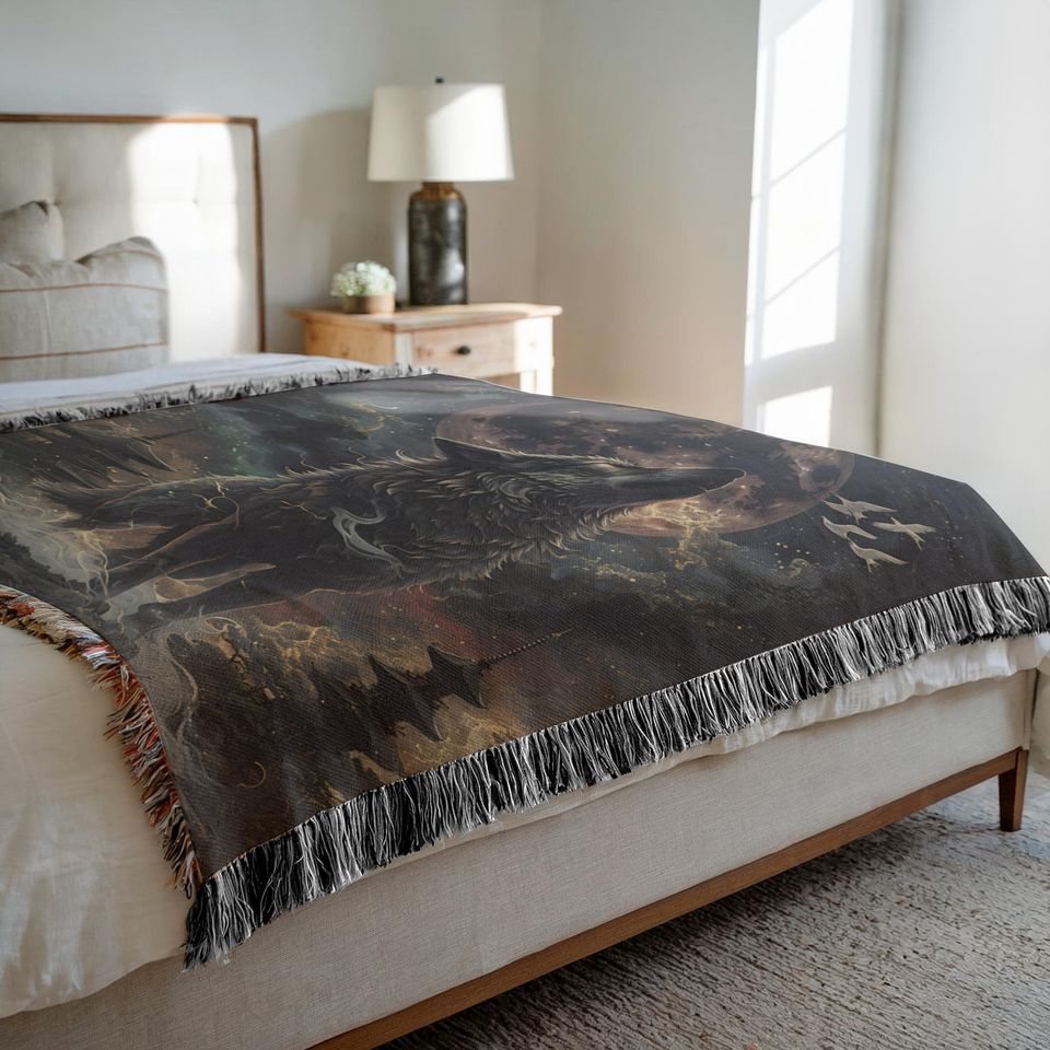 Wolf Woven Blanket: Native American Inspired Boho Home Decor