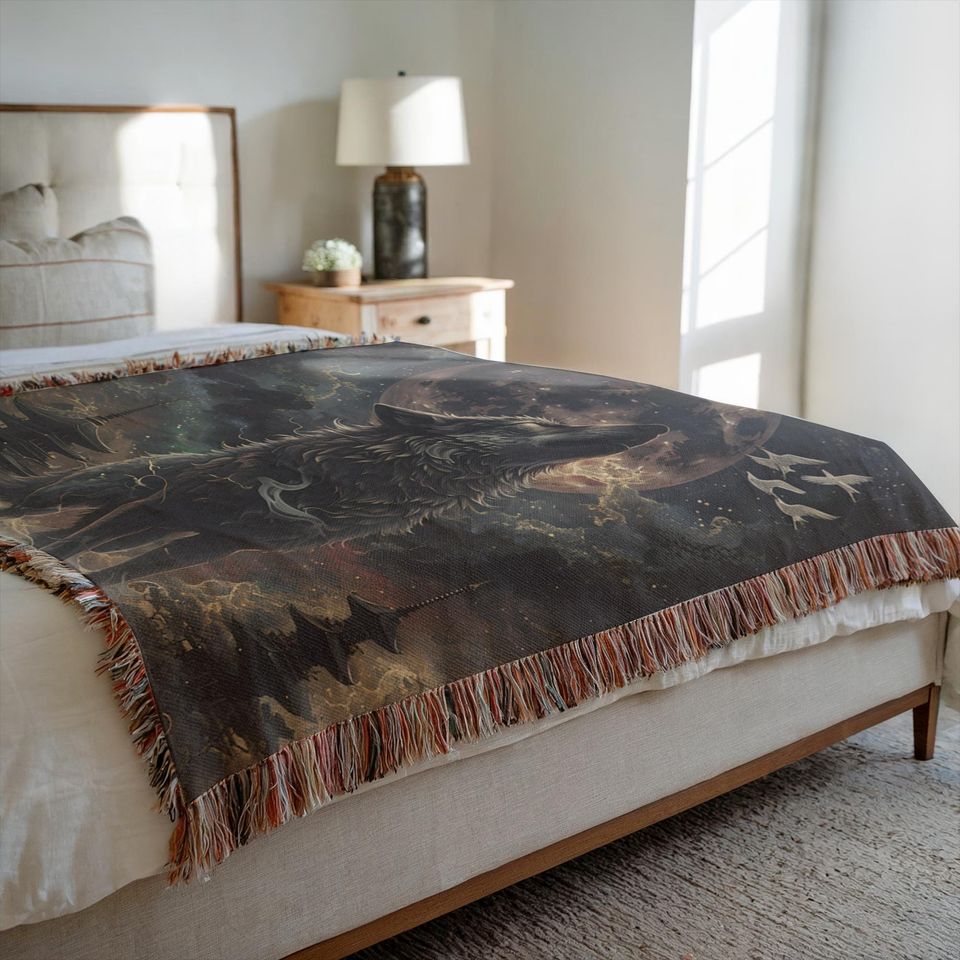 Wolf Woven Blanket: Native American Inspired Boho Home Decor