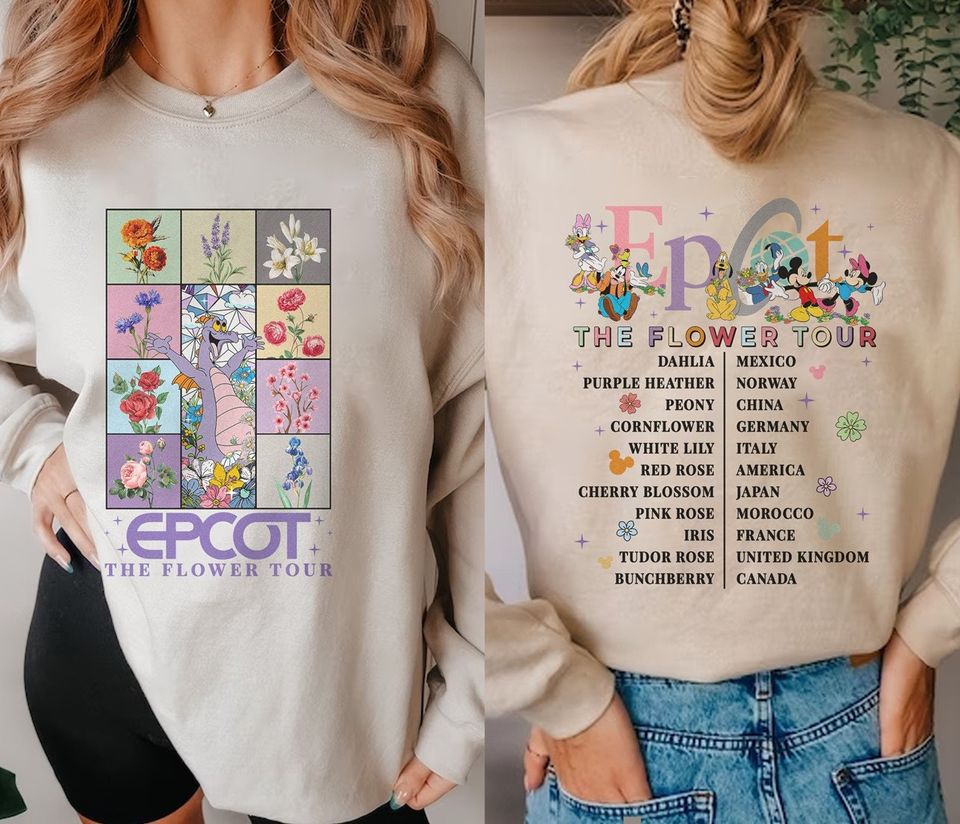 Two-sided Epcot the flower tour Figment shirt, Epcot international