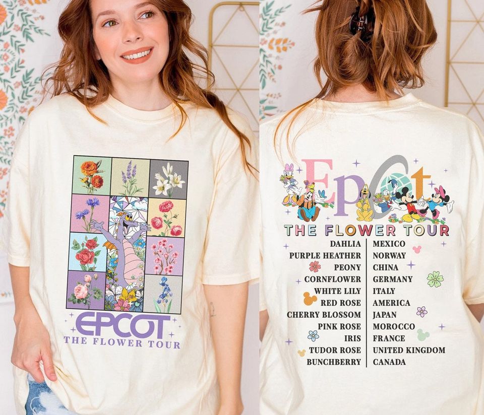 Two-sided Epcot the flower tour Figment shirt, Epcot international
