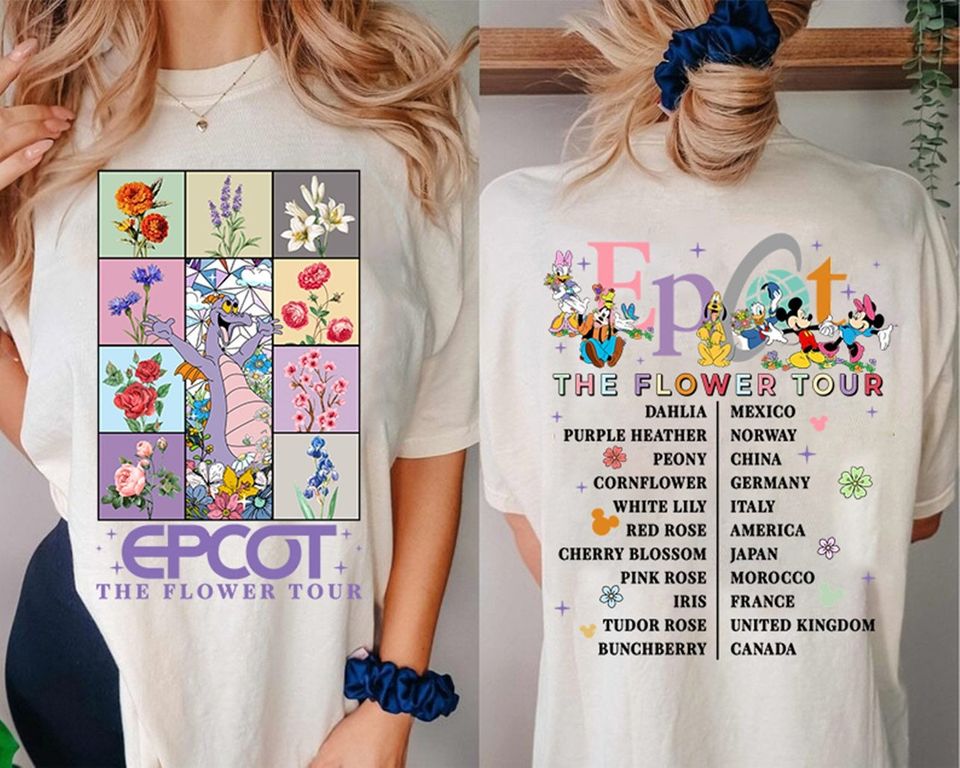 Two-sided Epcot the flower tour Figment shirt, Epcot international