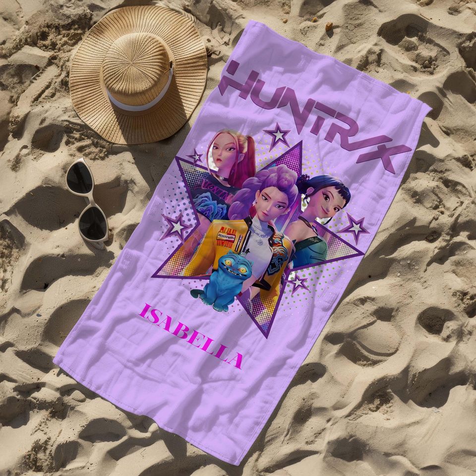 Personalized Anime Girl Beach Towel, K-pop Demon Hunter Design, Custom Gift for Her