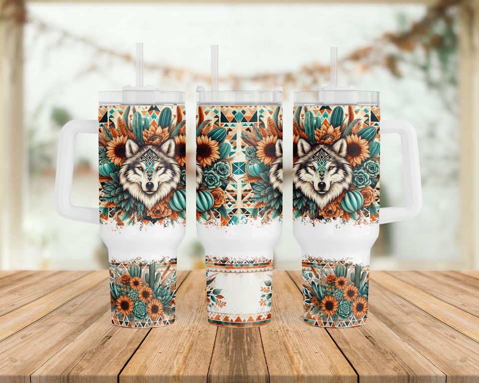 Boho Wolf 40oz Tumbler Wrap: Aztec Cactus Design