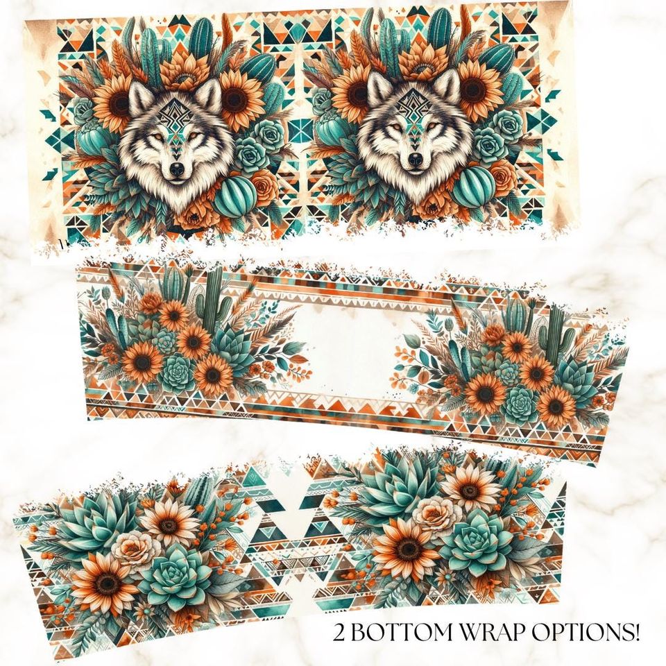 Boho Wolf 40oz Tumbler Wrap: Aztec Cactus Design