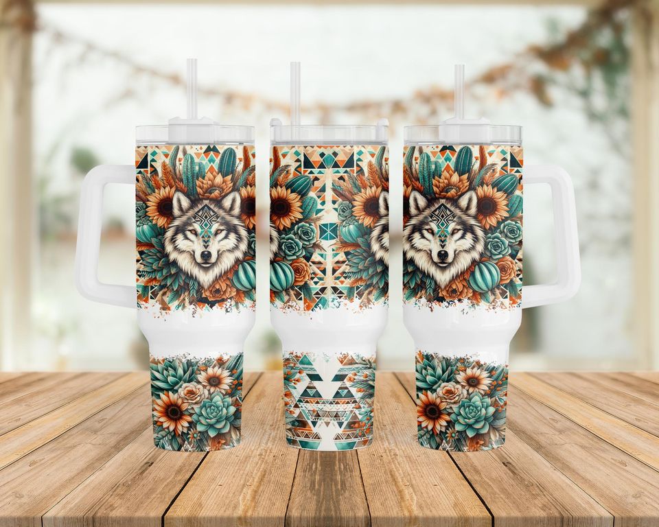 Boho Wolf 40oz Tumbler Wrap: Aztec Cactus Design