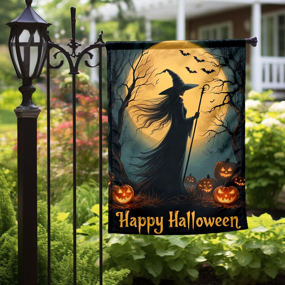 Halloween Witch Garden Flag with Full Moon, Personalized Outdoor Banner