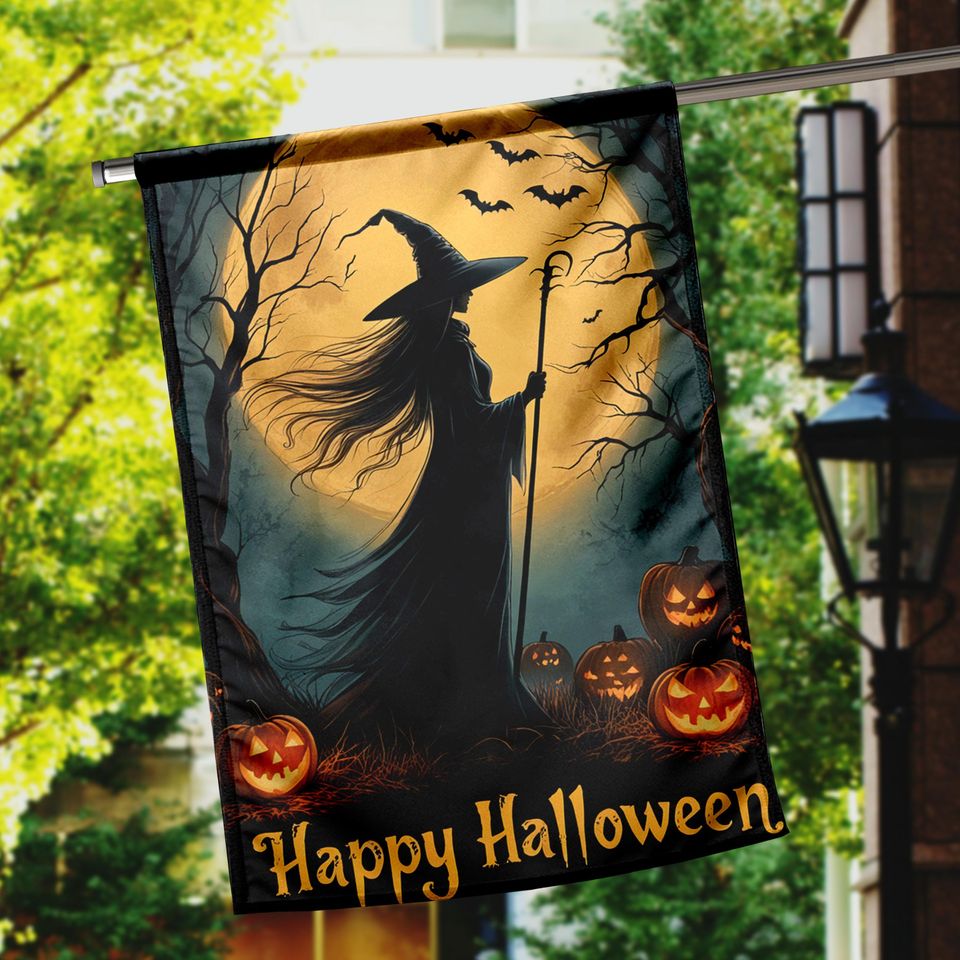 Halloween Witch Garden Flag with Full Moon, Personalized Outdoor Banner