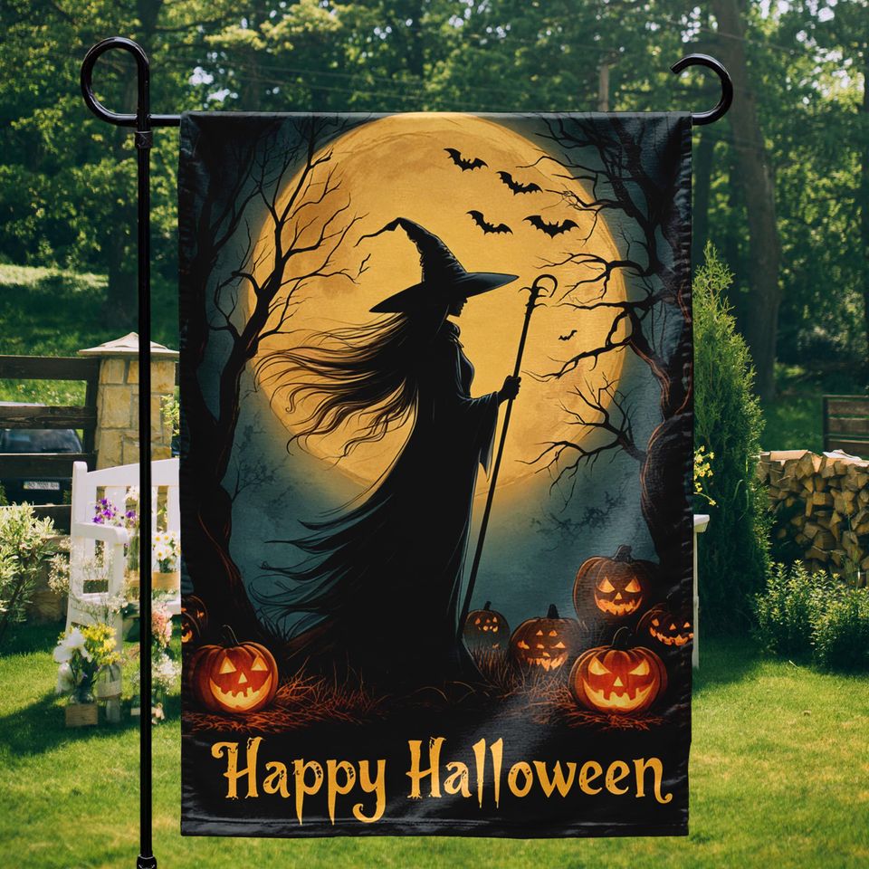 Halloween Witch Garden Flag with Full Moon, Personalized Outdoor Banner