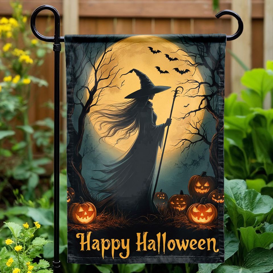 Halloween Witch Garden Flag with Full Moon, Personalized Outdoor Banner