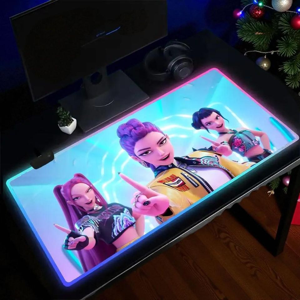 Kpop Demon Hunters Mouse Pad Anime Gaming Mouse Pad Table Pads Backlit Rubber Desktop RGB Desk Mats Christmas Gift