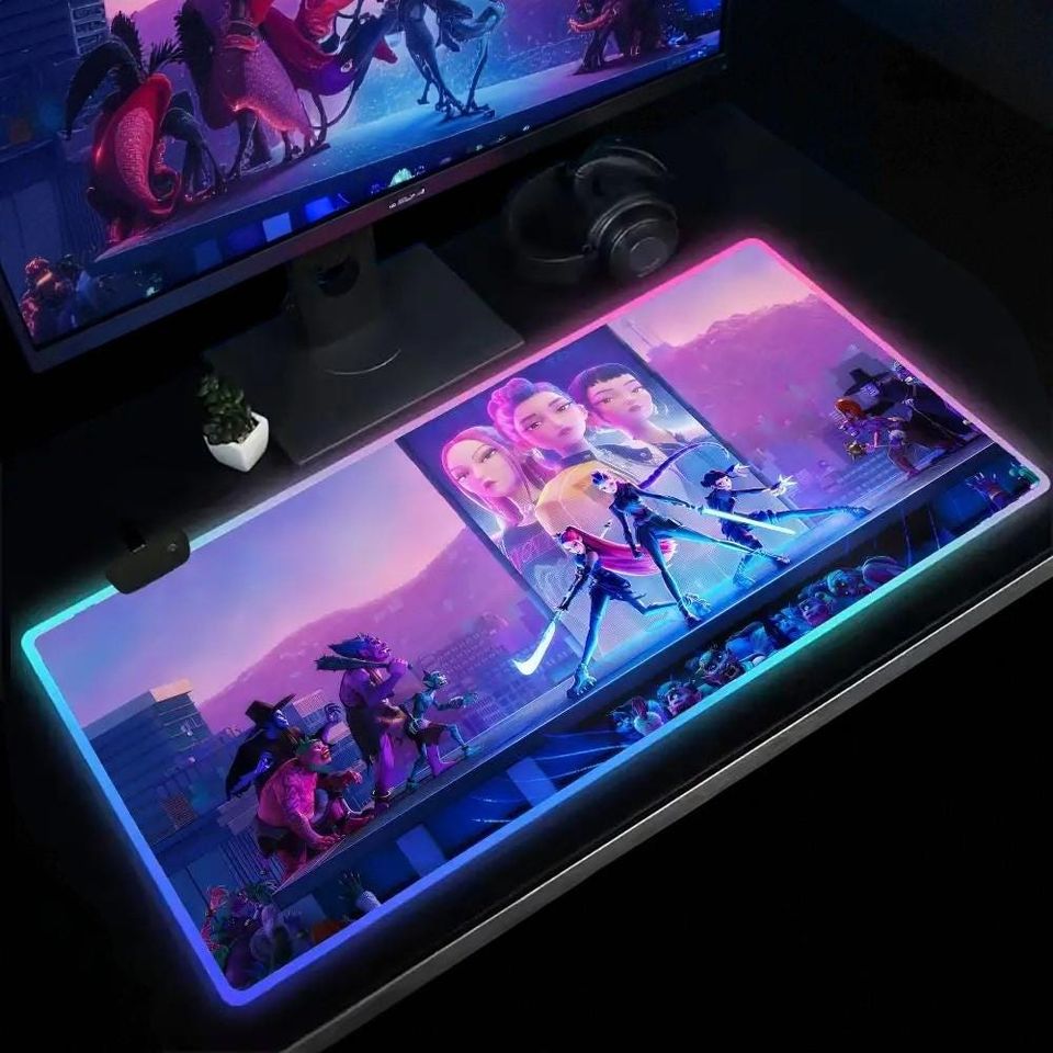 Kpop Demon Hunters Mouse Pad Anime Gaming Mouse Pad Table Pads Backlit Rubber Desktop RGB Desk Mats Christmas Gift