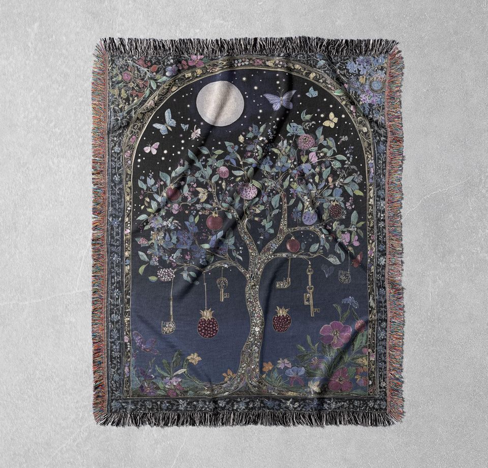 Magical Tree Woven Blanket 100% Cotton with Keys, Fruit, and Butterflies, Cottagecore Tapestry