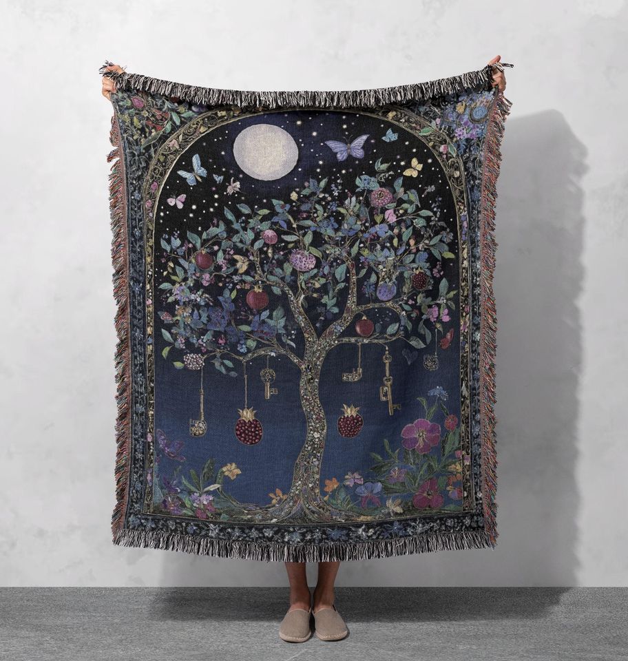 Magical Tree Woven Blanket 100% Cotton with Keys, Fruit, and Butterflies, Cottagecore Tapestry
