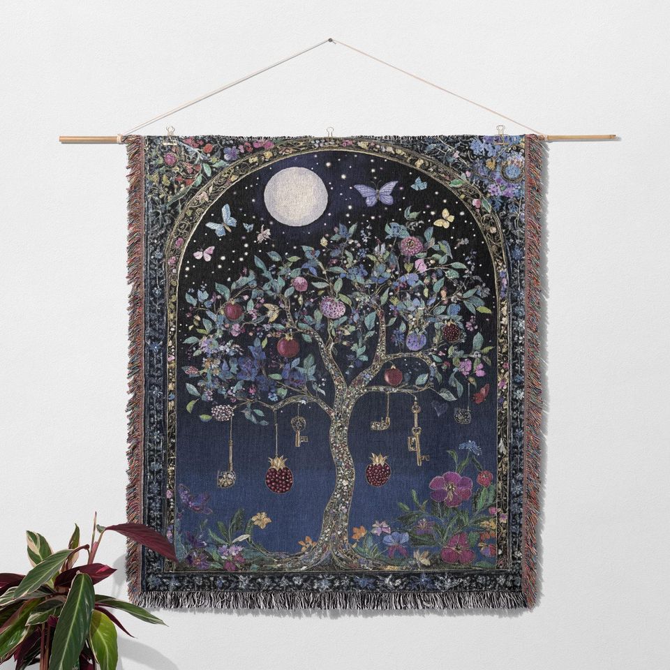 Magical Tree Woven Blanket 100% Cotton with Keys, Fruit, and Butterflies, Cottagecore Tapestry