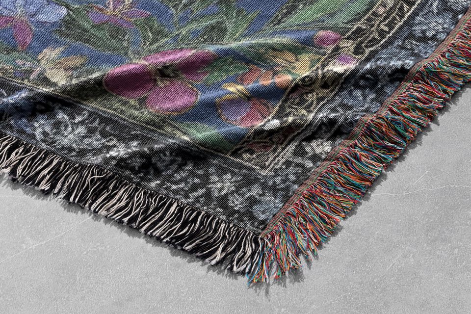 Magical Tree Woven Blanket 100% Cotton with Keys, Fruit, and Butterflies, Cottagecore Tapestry