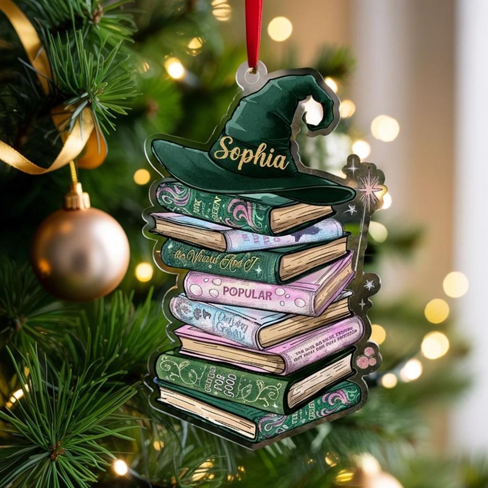 Custom Wicked Bookshelf Ornament, Changed For Good Musical Tee, Broadway Witch Christmas Gift, Emerald City Pink and Green Book Lover Gift