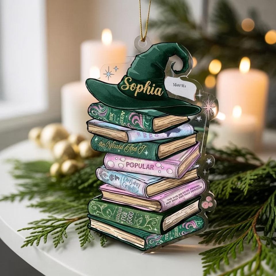 Custom Wicked Bookshelf Ornament, Changed For Good Musical Tee, Broadway Witch Christmas Gift, Emerald City Pink and Green Book Lover Gift