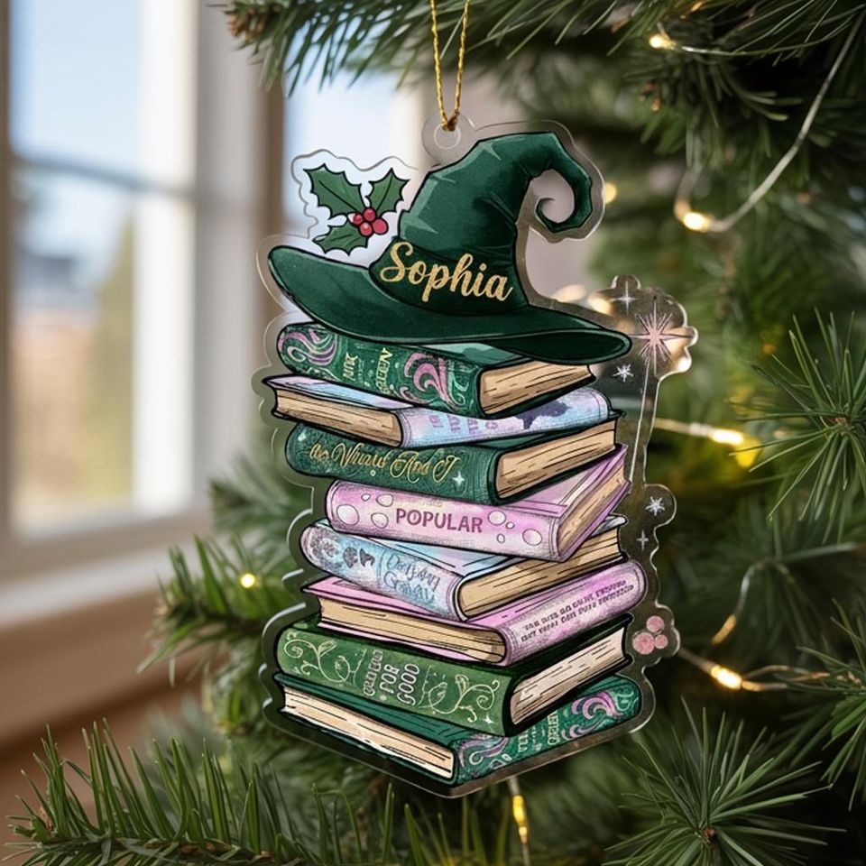 Custom Wicked Bookshelf Ornament, Changed For Good Musical Tee, Broadway Witch Christmas Gift, Emerald City Pink and Green Book Lover Gift