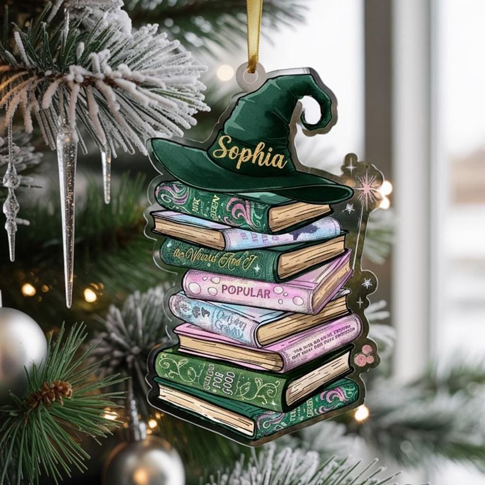 Custom Wicked Bookshelf Ornament, Changed For Good Musical Tee, Broadway Witch Christmas Gift, Emerald City Pink and Green Book Lover Gift