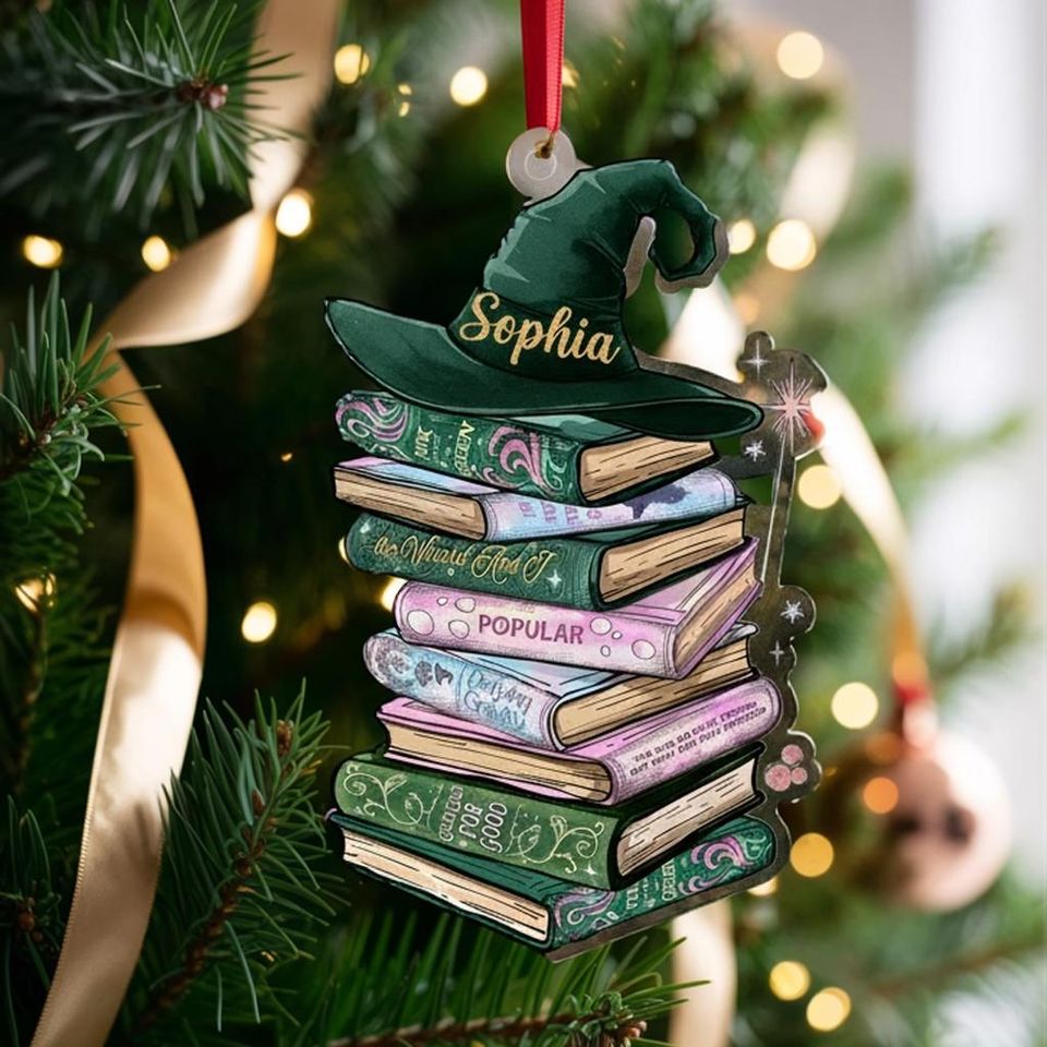 Custom Wicked Bookshelf Ornament, Changed For Good Musical Tee, Broadway Witch Christmas Gift, Emerald City Pink and Green Book Lover Gift