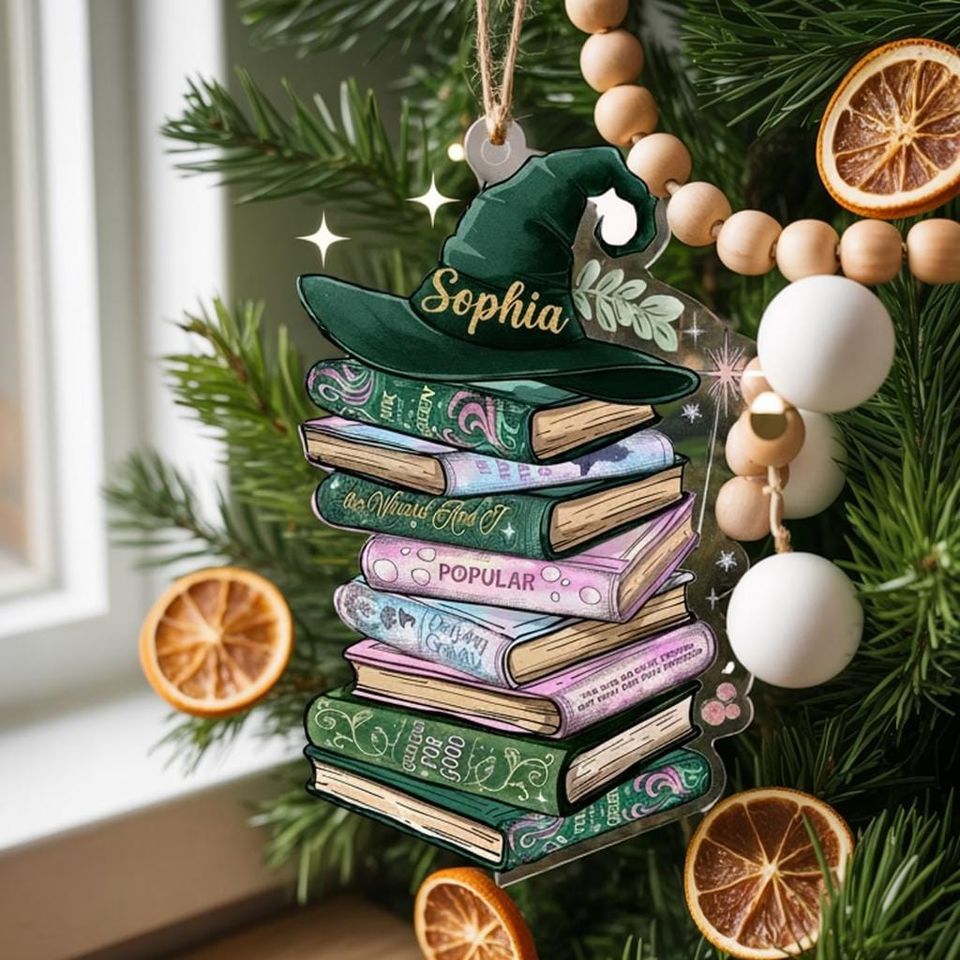 Custom Wicked Bookshelf Ornament, Changed For Good Musical Tee, Broadway Witch Christmas Gift, Emerald City Pink and Green Book Lover Gift