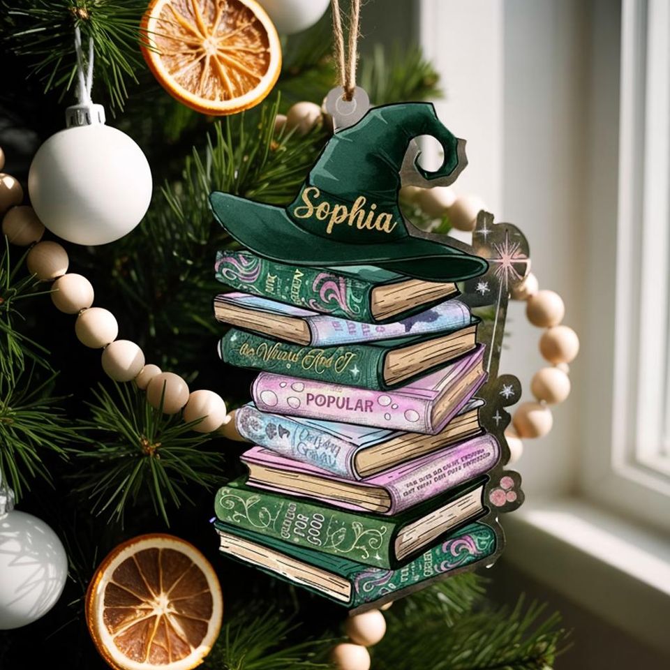 Custom Wicked Bookshelf Ornament, Changed For Good Musical Tee, Broadway Witch Christmas Gift, Emerald City Pink and Green Book Lover Gift