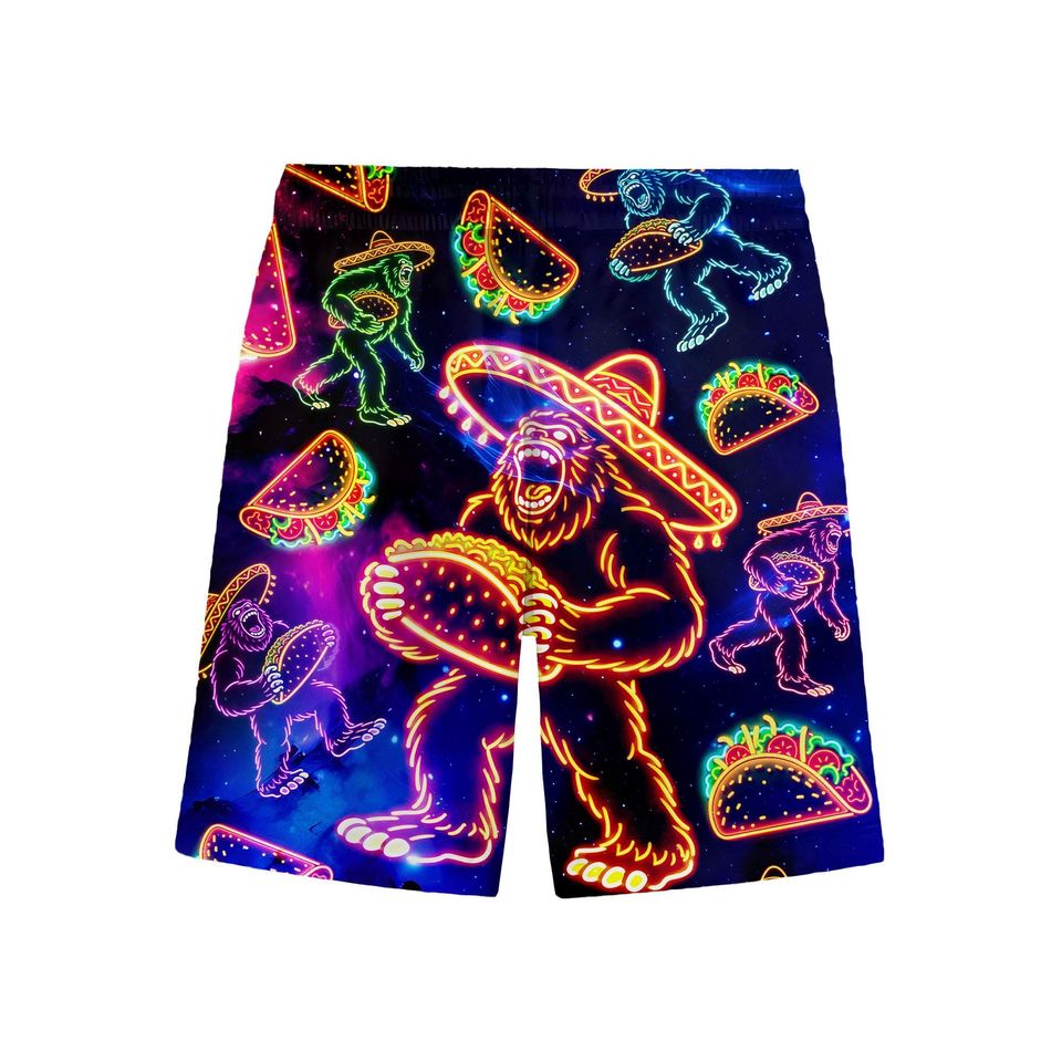 Funny Bigfoot Neon Cinco De Mayo Hawaiian Shorts For Men Neon Tacos Hawaiian Beach Shorts