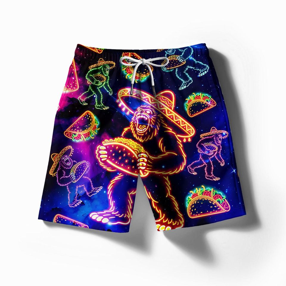 Funny Bigfoot Neon Cinco De Mayo Hawaiian Shorts For Men Neon Tacos Hawaiian Beach Shorts
