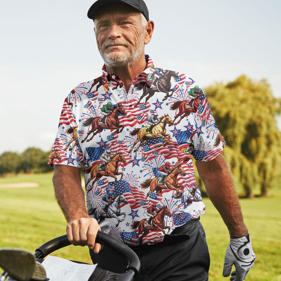 Funny Independence Day Horse Racing Polo Shirt for Men - USA Flag Casual Short Sleeve Golf Polo