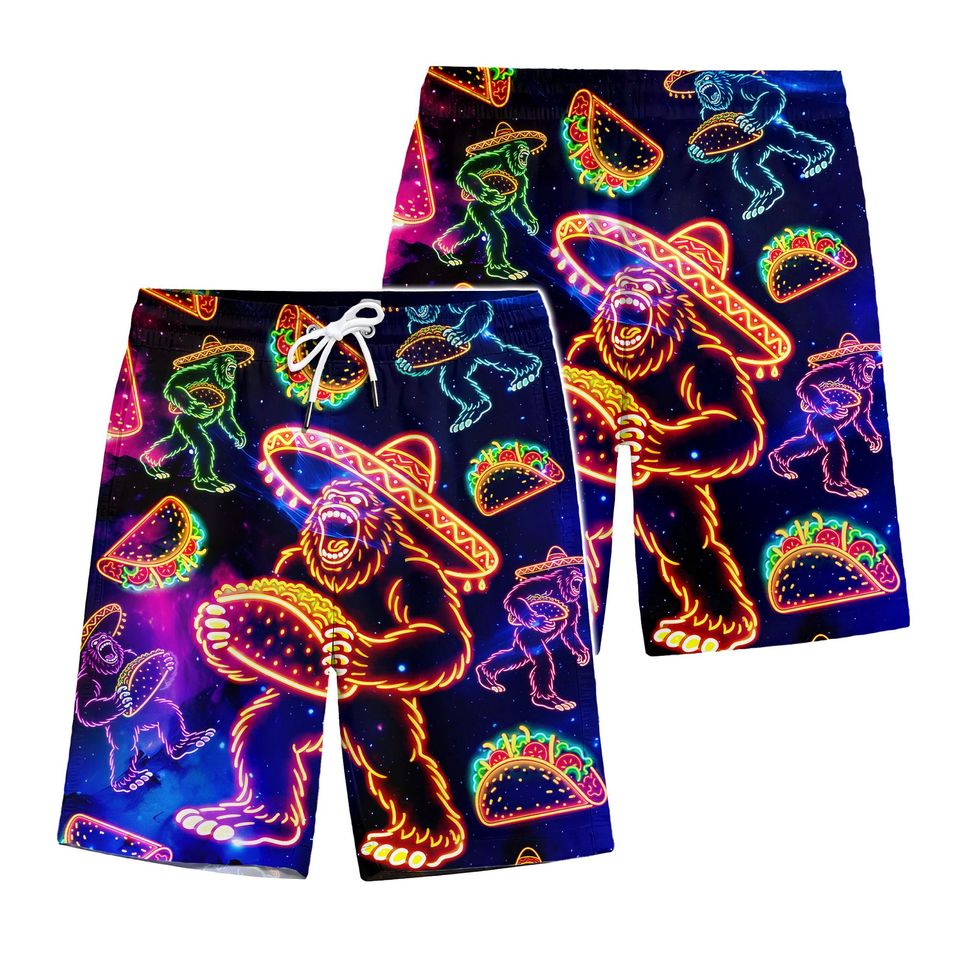 Funny Bigfoot Neon Cinco De Mayo Hawaiian Shorts For Men Neon Tacos Hawaiian Beach Shorts