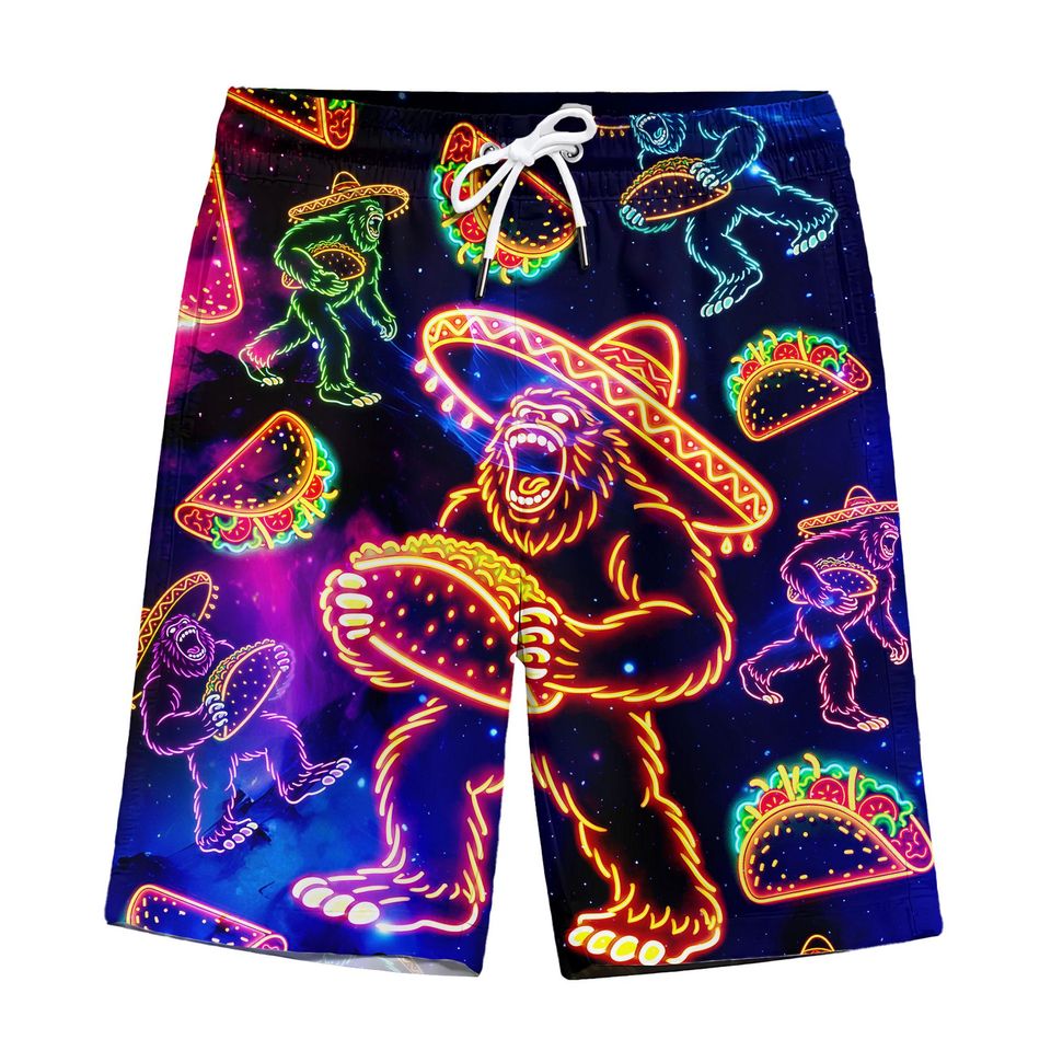 Funny Bigfoot Neon Cinco De Mayo Hawaiian Shorts For Men Neon Tacos Hawaiian Beach Shorts