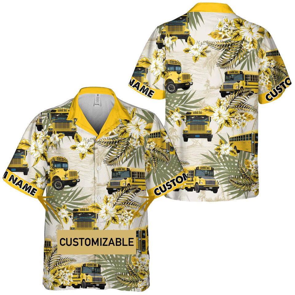 Personalized School Bus Hawaiian Shirt with Custom Name Button Down