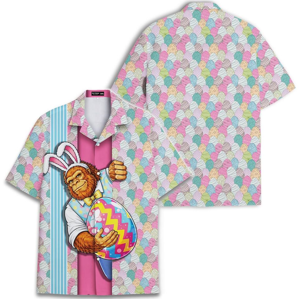 Bigfoot Easter Hawaiian Shirt for Men, Sasquatch Egg Hunt Vacation Shirt, Happy Easter Gift