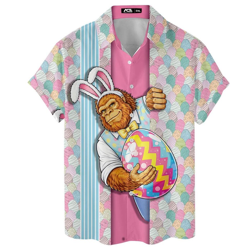 Bigfoot Easter Hawaiian Shirt for Men, Sasquatch Egg Hunt Vacation Shirt, Happy Easter Gift