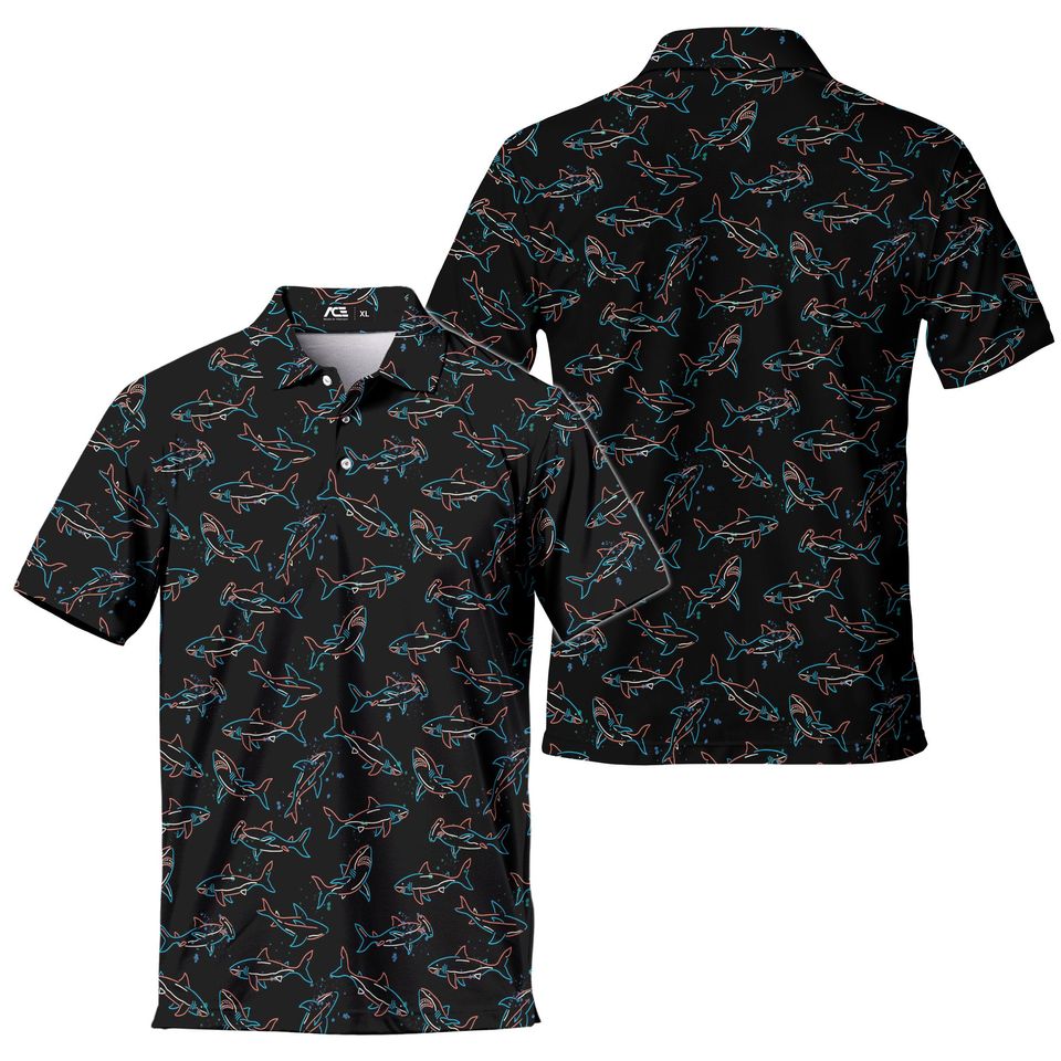 Shark Floral Men's Polo Shirt, Summer Short Sleeve Button-Up Golf Shirt